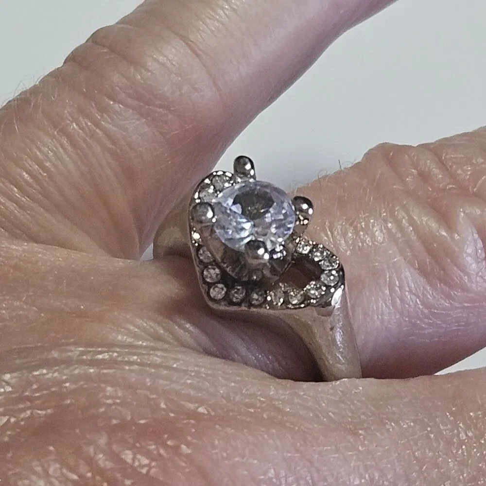 Silver Tone Clear Rhinestone Heart Shaped Ring Size 6.5